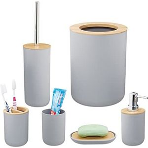 Relaxdays 6-delige badkameraccessoires set bamboe - badkamerset - toilet set - accessoires - grijs