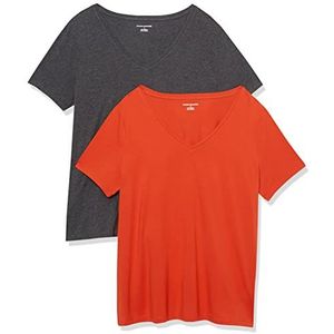 Amazon Essentials Dames-T-shirt, korte mouwen, V-hals, klassieke pasvorm, antraciet gemêleerd/tomatenrood, maat 5X