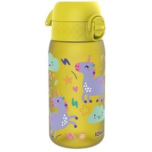 ION8 Drinkfles voor kinderen, 350 ml, lekvrij, gemakkelijk te openen, veilige vergrendeling, vaatwasmachinebestendig, BPA-vrij, draaggreep, gemakkelijk te reinigen, neutrale koolstof, gele eenhoorns