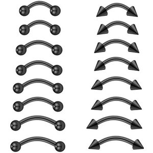 VIDSTW 16 stuks wenkbrauwpiercings, roestvrij staal, trago-piercing, design met gebogen schacht, lippiercing, helix, Roestvrij staal