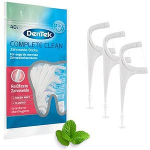 Dentek Lot de 40 bâtonnets de fil dentaire Complete Clean - Indéchirables - Nettoyage interdentaire - Goût de menthe - Fluor - Grattoir à langue - Cure-dents