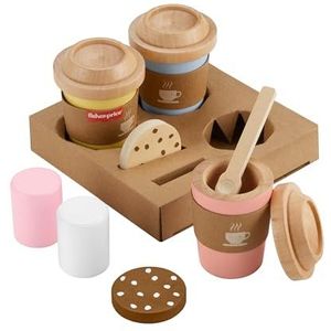 Fisher-Price Fantastisch spel, koffieset van hout voor onderweg, koffiekopjes en lekkernijen voor peuters en kleuters vanaf 3 jaar, HXT85