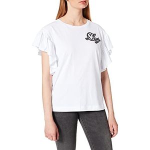Love Moschino T-shirt, ronde hals en armgaten frills, gepersonaliseerd met een staafbed hart, dames, optisch wit, 40, Optisch Wit