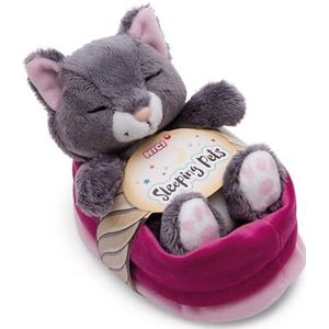 NICI Pluche dier, grijze kat, 12 cm, slapend in een roze mand, zacht en duurzaam pluche, schattig pluche dier om te knuffelen, om te spelen, voor kinderen en volwassenen, een geweldig cadeau-idee