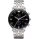 Emporio Armani Heren Chronograaf Horloge Roestvrij Staal Zilver Horloge, Behuizingsgrootte 43 mm, zwart., Armband