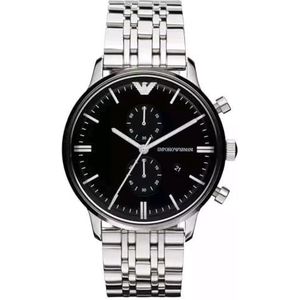 Emporio Armani Heren Chronograaf Horloge Roestvrij Staal Zilver Horloge, Behuizingsgrootte 43 mm, zwart., Armband