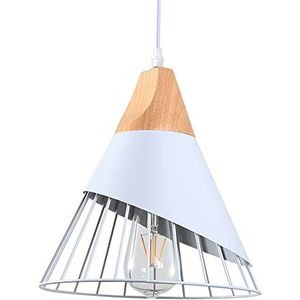 WOWEWA Vintage metalen hanglamp, retro witte plafondlamp voor binnen, E27 houten hanglamp voor keuken, restaurant, woonkamer, eetkamer, slaapkamer, 26 cm