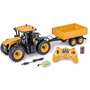 CARSON 500907654-1:16 RC JCB Tractor met aanhanger 2.4G 100% RTR - Op afstand bestuurbaar voertuig, tractor met geluids- en lichtfuncties, op afstand bestuurbare tractor, geel