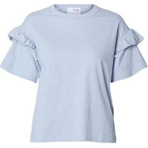 Selected Femme T-shirt pour femme en coton bio à volants, Bleu ciel, XS
