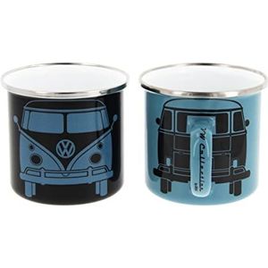 BRISA VW Collection 2 stuks koffiekopjes van email voor cappuccino voor camping en outdoor, Bus T1 - 350 ml x 2/zwart en blauw