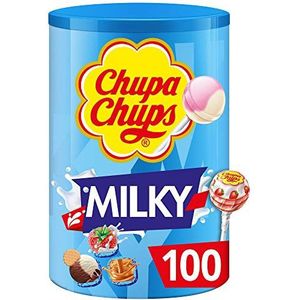 Chupa Chups - Buis met 100 melkachtige lolly's – chocolade/vanille, melk/aardbei, karamel smaken – 0% vet– ideaal voor verjaardagsfeesten – Chupa Chups Milky, doos van 1,2 kg