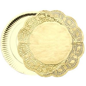 Ibili 729510 Set met 3 ronde borden, 32 cm + 3 ronde tafelkleden, 34 cm, goudkleurig