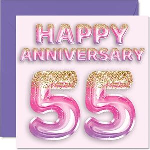 Schattige smaragd-verjaardagskaart voor vrouwen, vriendin, echtgenoot, vriend, glitterballon, roze violet, wenskaarten, 55e verjaardag, 145 mm x 145 mm