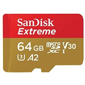 SanDisk Extreme 64 GB microSDXC geheugenkaart + SD-adapter met A2-toepassingsprestaties tot 190 MB/s, klasse 10, U3, V30