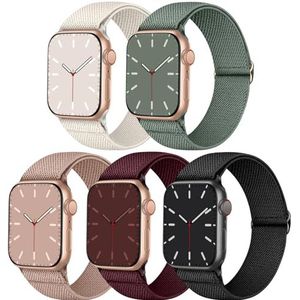 5 stuks elastische gevlochten bandjes voor Apple Watch 41 mm, 40 mm, 38 mm, 45 mm, 44 mm, 42 mm, nylon gevlochten bandjes voor Apple Watch 9/SE/8/7/6/5/4/3/2/1, 38 mm/40 mm/41 mm