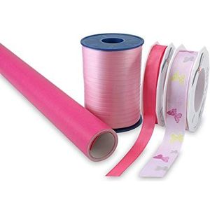 Präsent Cadeaupapier voor knutselwerk, roze, wit, lint + papier, 4-delig, bagageriem, Wit., Ribbon + Paper 4-pieces pack, bagageriem
