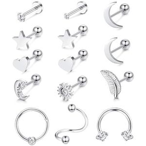 JeweBella Chirurgisch staal helix kraakbeen oorbellen dames zilver zirkonia hart ster maan veer vlinder daith septum conch tragus helix piercing, Roestvrij staal