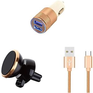 Autoset voor Motorola One Zoom (kabel metalen lader type C + dubbele adapter voor sigarettenaansteker + magneethouder) (goud)