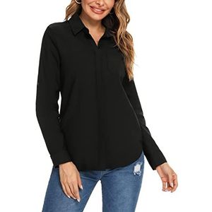 Irevial Damesblouse lang hemd oversized hemd katoen button down lange mouwen los hemd vrijetijdsblouse zwart 2 XL, Zwart-2
