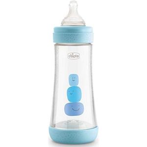 Chicco Perfect 5 anti-koliek flesjes met zuignap van siliconen voor baby's 4 maanden, biofunctioneel intuiflow-systeem, blauw, 300 ml