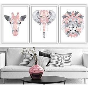 Artze Wall Art 3 stuks geometrische kunstdrukken met junglekoppen, giraf, leeuw en olifanten, 30 x 40 cm, lichtroze/grijs