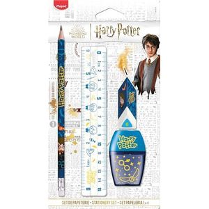 Maped - 4-delige schrijfwarenset – 1 transparante liniaal 15 cm + 1 puntenslijper 1 gat + 1 gum + 1 potlood HB – officiële Harry Potter-licentie
