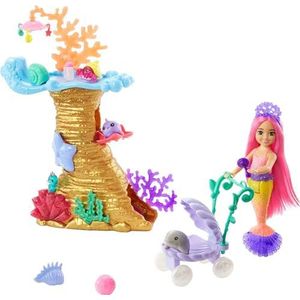 Barbie Mermaid Power HHG58 Speelset met zeemeermin-pop, 4 dierenliefhebbers, koraalrif als speelplaats, kinderwagen en accessoires, speelgoed voor kinderen vanaf 3 jaar