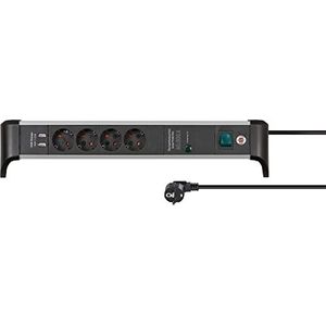 Brennenstuhl Alu-Office-Line 4-voudige stekkerdoos met USB en overspanningsbeveiliging (1,8 m kabel, 2x 3,1 A USB, met schakelaar, Made in Germany) zilver/zwart
