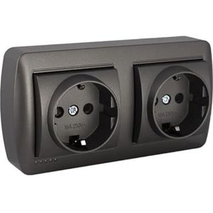 Base double Schuko 2P+T en graphite pour montage mural, parfaite pour fournir de l'énergie à divers appareils électriques.