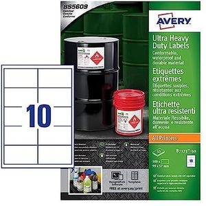 Avery GHS industriële etiketten, A4, robuust, waterbestendig, 10 stuks, wit, B7173-50