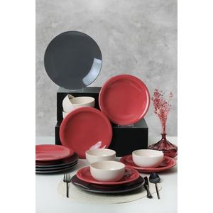 Elegante 18-delige keramische dinerset, zwart/rood/wit, 100% antibacterieel, gemakkelijk te reinigen, temperatuurbestendig, vaatwasmachinebestendig en magnetronbestendig