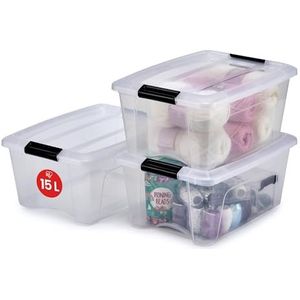 Iris Ohyama, Set van 3, Opbergdozen, 15 L, met kliksluiting, stapelbaar, woonkamer, slaapkamer, garage - New Top Box NTB-15 - Transparant