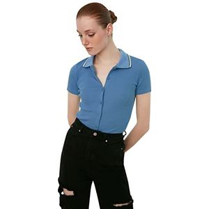 Trendyol blauw poloshirt, gebreide kraag, damesblouse, Blauw