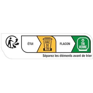 Autocollant étiquette Info-tri - Emballage Étui Sac avec Flacon en Verre - Planche de 42 Stickers H1,9 x L6,9 cm