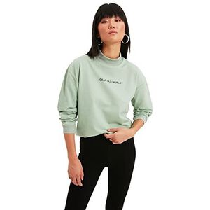 Trendyol Mint Printed Steep Collar Knitted Thin Sweatshirt, Dames, Munt