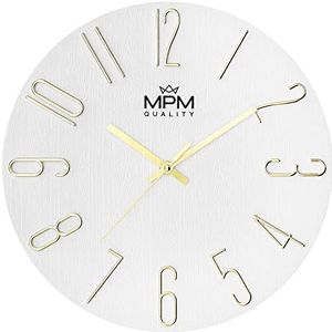MPM Quality Design wandklok in wit goud met 3D-cijfers en nauwkeurig kwartsuurwerk, diameter 305 mm, moderne wanddecoratie voor woonkamer, slaapkamer of kantoor