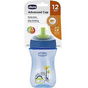 Chicco Advanced Cup lekvrije beker voor kinderen, 266 ml, 12 maanden flessenleerbeker om te vergrendelen, glas met deksel, ergonomische drinksnavel en gemakkelijk te verwijderen ventiel, BPA-vrij, blauw of lichtblauw