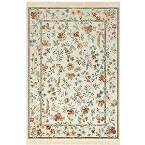 Nouristan Oosters fluwelen tapijt met franjes - Oosterse bloemenpatroon - 135 x 195 cm - 60% viscose - 40% katoen - geschikt voor vloerverwarming - crème