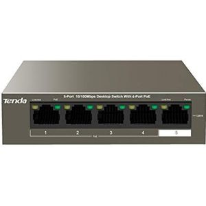 Tenda PoE TEF1105P-4-63W bureau-/wandschakelaar, 5-poort 10/100 Mbps, 4 PoE-poorten tot 63 W, overbelastingsbeveiliging, professionele bliksembeveiliging, eenvoudige bediening,