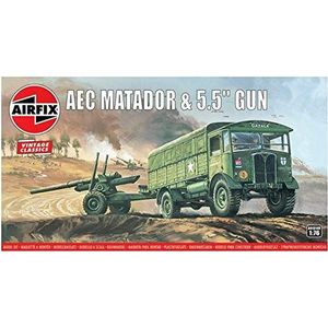 Airfix Vintage Classics Set – A01314V AEC Matador & Pistool 14 cm – modellen kunststof tanks voor volwassenen en kinderen vanaf 8 jaar, de set bevat 67 delen, spruet en stickers