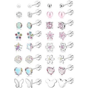 Diamday 16 paar kleine hypoallergene oorbellen voor dames en meisjes, van chirurgisch staal, meerkleurig, CZ hart, bloem, schroefsluiting, oorbellen, platte rug, oorbellen