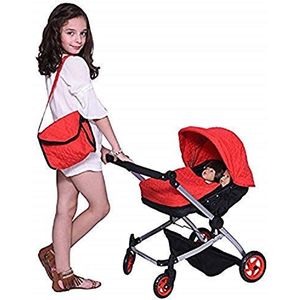 The New York Doll Collection Moderne luxe dubbele pop, kinderwagen, boo, rood, gewatteerde stof, in hoogte verstelbaar, incl. luiertas