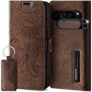SURAZO Google Pixel 9 Pro hoes, dunne magnetische beschermhoes, echt leer, opvouwbare hoes met kaartenvak, RFID-bescherming, camerabescherming, patroon, bruin