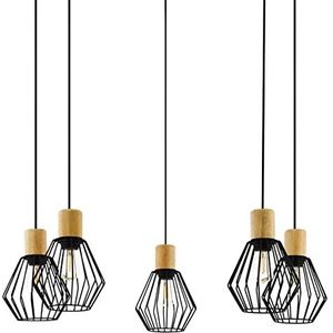 EGLO Palmorla Hanglamp met 5 lichtpunten, vintage, industrieel, retro, hanglamp van staal en hout in zwart, naturel, voor eettafel en woonkamer, met E27 fitting