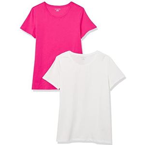 Amazon Essentials Set van 2 T-shirts voor dames met korte mouwen en ronde hals, klassieke pasvorm, felroze/wit, maat M