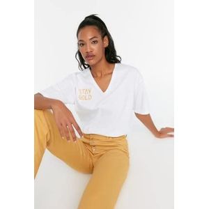 Trendyol T-shirt basique en tricot à col en V pour femmes, blanc, M