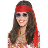 Smiffys hippie damesset met lang bruin haar pruik, bril, hanger voor vrede a
