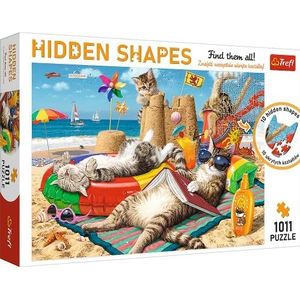 Trefl - Verborgen vormen puzzel, kattenvakantie – 1000 + 11 stukjes, vind puzzel met verborgen vormen, ongewone puzzel, zomer, strand, katten, creatief entertainment