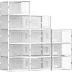 12 stuks grote modulaire opbergdozen van transparant kunststof stapelbaar met schoendeksels voor kast, wit