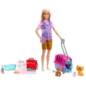 Barbie HRG50 Dierenreddingsdoos met blonde pop en 2 baby's, tijger en aap, 12 accessoires, waaronder transportkooi, speelgoed voor kinderen, vanaf 3 jaar